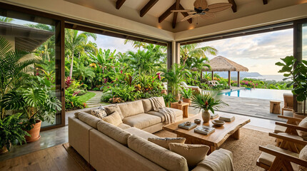 Fototapeta premium Luxury Open Concept Tropical Living Room with Indoor Outdoor Design, Infinity Pool and Lush Garden View