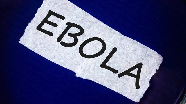 Ebola, disease text, word through a magnifying glass on a blue background. Ebola, medical concept.