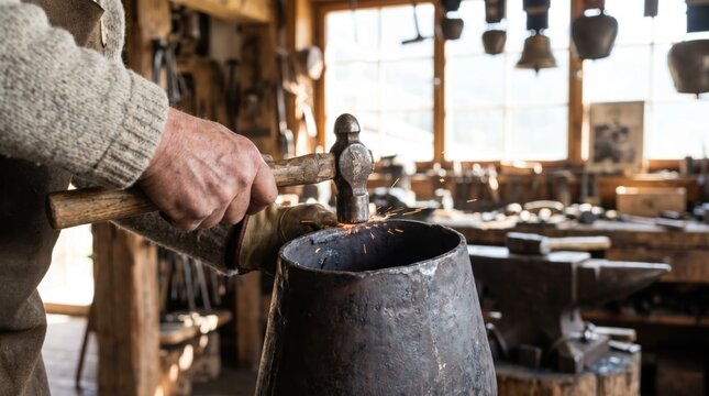 Blacksmith striking a large heated iron cowbell with a ball peen hammer on a wooden block