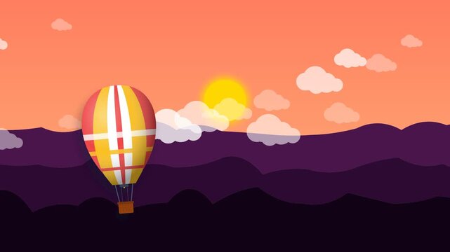 Hot Air Balloon Scenic Landscape Sunset Animation