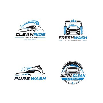 Modern Automotive Car Wash Logo Bundle with Vehicle Silhouette and Water Splash Elements