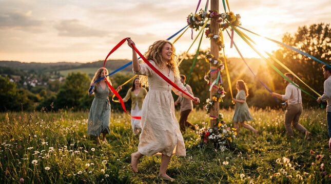 Women and men dancing around colorful Maypole in sunny meadow. Traditional May Day celebration with ribbons and flowers. Joyful spring festival in rural field with community gathering