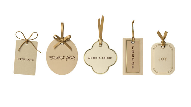 Five brown paper gift bags hanging on a rustic wooden branch with twine