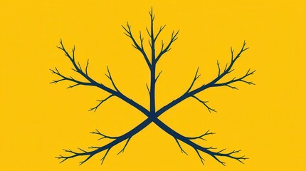 Fototapeta premium Stylized Dark Blue Tree Branches Forming an Abstract Starburst Against Vibrant Yellow