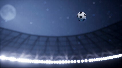 3D illustration of soccer ball being shot during match played inside stadium at night, passionate atmosphere concept, Computer graphics simulation of football ball close up over pitch in sports arena. © DC Studio