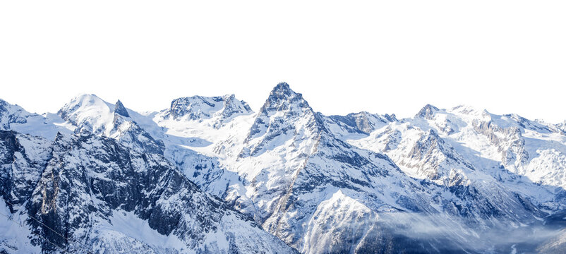 Panorama of winter mountains covered in snow isolated on white background