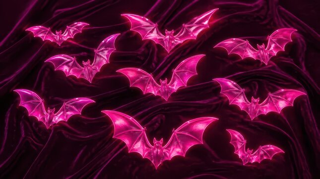 Shimmering Magenta Neon Bats Scattered Across Luxurious Dark Velvet Fabric, Evoking a Mystical and Modern Halloween Ambiance.