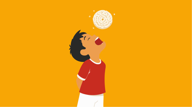 Joyful Indonesian Child Catching Rice Ball Illustration, Flat Design Vector Art