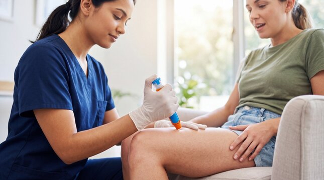 Nurse giving allergy injection to woman patient leg. Immunotherapy treatment for asthma and allergies in home clinic. Healthcare awareness on world asthma day