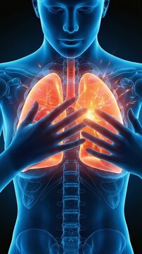 CG video of the human chest illustrating lung respiration and related diseases.