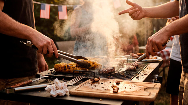 Hands grilling corn and burgers at a 4th of July cookout