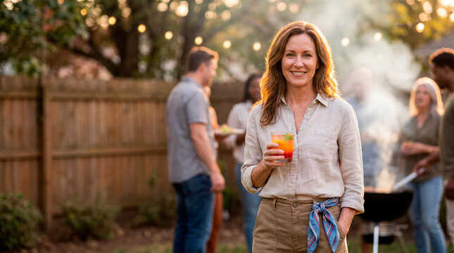 Mature woman holding a cocktail at an Independence Day garden party