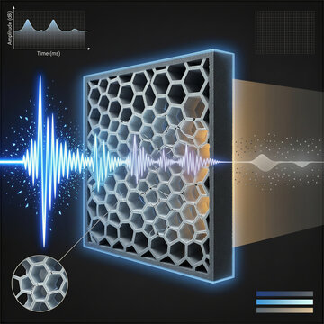 Soundproofing acoustic metamaterial panel absorbing sound waves with waveform graph display visualization.