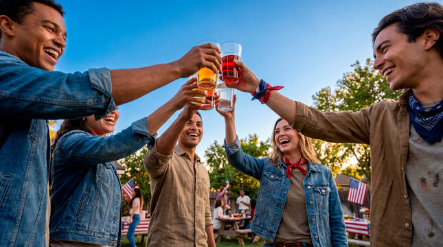 Friends toasting drinks at a July Fourth backyard celebration