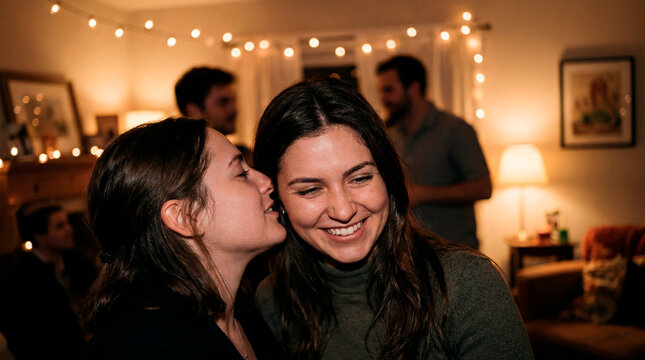 Friends sharing an affectionate moment at a 4th of July house party