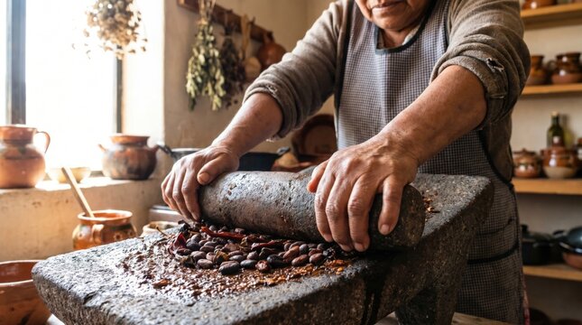 Woman grinding roasted cocoa beans on a traditional stone metate