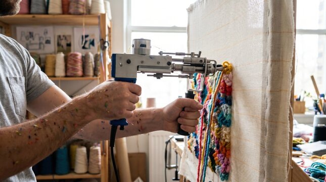 Craftsman using a tufting gun to create a colorful textured rug in a studio