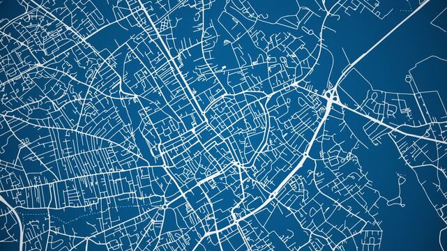 Ink reveal animation of Troyes, Aube, Grand Est, France grid map. Aerial top view. Blueprint style. White lines with blue background. 4K Seamless loop.