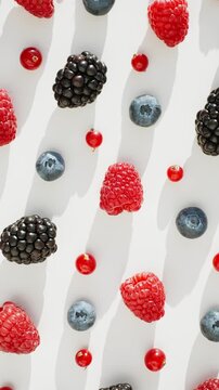 Fresh mixed berries flat lay white background raspberries blueberries blackberries redcurrants diagonal shadow pattern food photography healthy nutrition slow motion