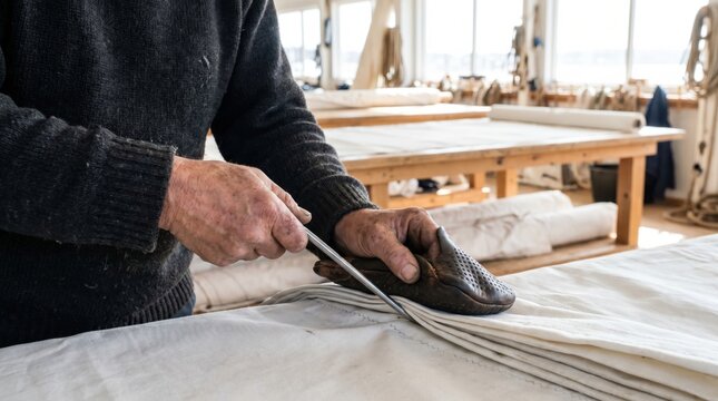 Sailmaker using a specialized metal tool to hand sew thick canvas sail fabric