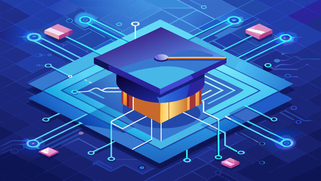 Graduation cap and AI chip on a blue background, symbolizing the intersection of education and technology. eps.eps