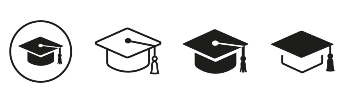 Graduation hat icon set representing education, academic achievement, university degree, school learning and student success. Outline and solid academical degree pictogram.