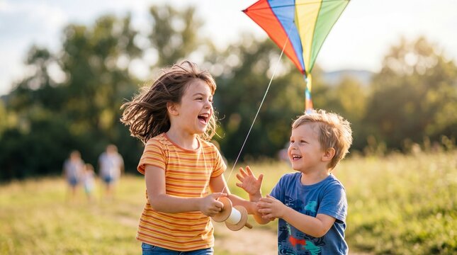 Happy girl and boy flying colorful kite in sunny meadow. Siblings holding string spool during outdoor play. Joyful spring recreation and family bonding on labor day
