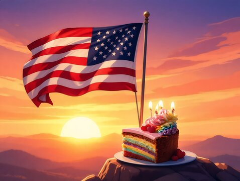 American flag waving next to a slice of rainbow cake at sunset