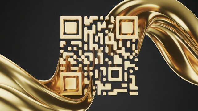 3D golden QR code surrounded by elegant swirling liquid gold waves on dark background