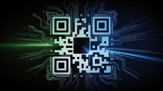 Futuristic QR Code with Glowing Circuitry Lines and Digital Data Flow