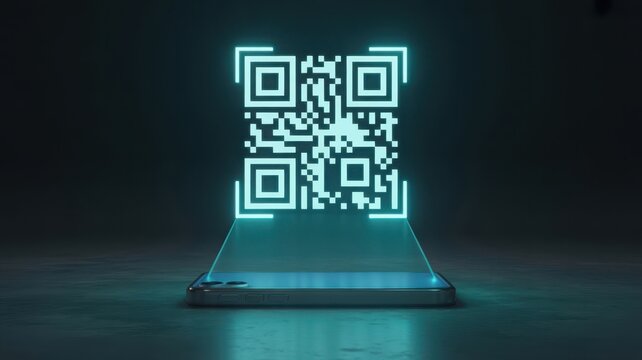QR code hologram generated from smartphone, blue neon light