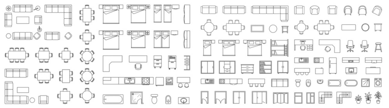 Top View Architectural Furniture 2D CAD Floor Plan Vector Symbol Set