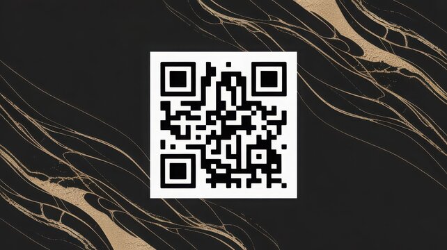 QR code on black marble background with elegant gold veins texture