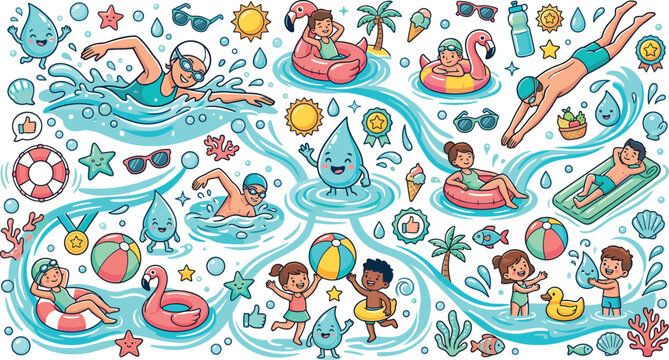  Cute cartoon people swimming in pool water playing with beach balls and relaxing on pink flamingo inflatable floats vector illustration