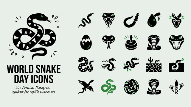 World Snake Day icons set, 20+ premium reptile pictograms and serpent symbols, black minimalist snake silhouettes for wildlife awareness Editable Vector.