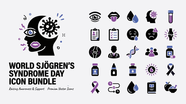 World Sjogren's Syndrome Day icon bundle, autoimmune disease awareness vector set, medical healthcare symbols in purple and black Editable Vector.