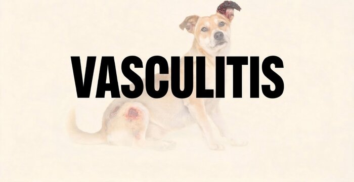 A dog with a visible wound on its leg sits, its body slightly turned away from the viewer, conveying a sense of vulnerability. The word VASCULITIS is prominently displayed in bold black lettering.