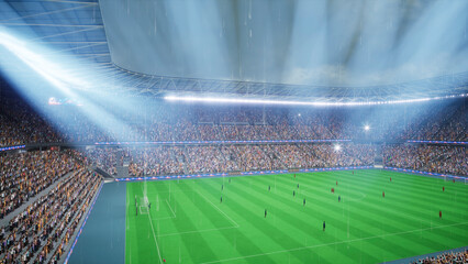 Computer graphics of football players during rainy daytime competing across wet stadium field grass, 3D illustration of soccer players dribbling opponents on overcast weather match day. © DC Studio