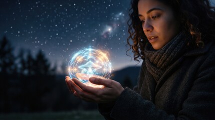Naklejka premium Woman holding glowing levitating ufo hologram in night sky. Abstract space mystery and futuristic alien contact concept. Astronomical observation for World UFO Day celebration event.