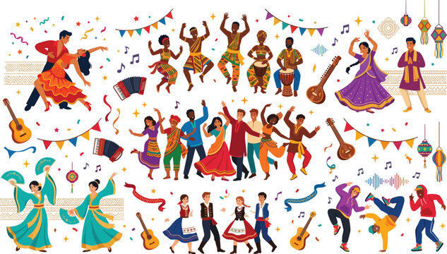 Diverse group of people performing multicultural folk dances including Indian Garba African tribal flamenco and salsa vector illustration isolated