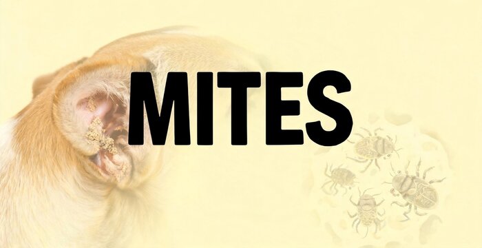Close-up on a dog's ear with the word MITES prominently displayed, accompanied by a graphic illustration of tiny arachnids, highlighting the common pet ailment.