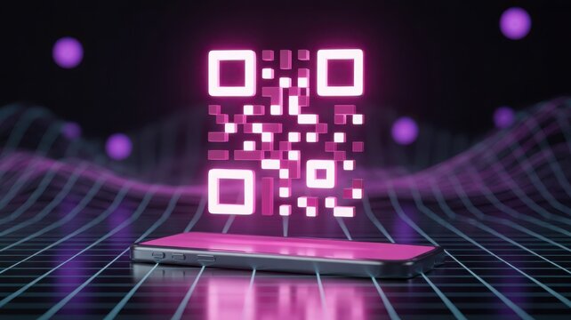 3D illustration of a glowing pink QR code hovering over a mobile phone in a futuristic digital environment