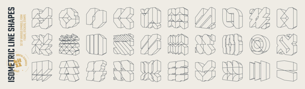 Isometric line brutal 3D shapes, Brutalism volumetric carcass various form, Postmodern abstract geometric graphic frame elements, trendy cyber design symbols in futuristic aesthetics, vector set 11