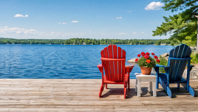 Red and blue wooden chairs on lake dock with flower pot. Independence Day scenery in summer. Lakefront vacation landscape for patriotic July 4th holiday celebration and relaxation.