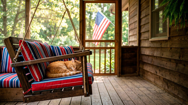 Orange cat sleeping on striped swing on rustic porch with American flag hanging in background. Cozy summer atmosphere for Independence Day celebration. Patriotic home exterior decor.