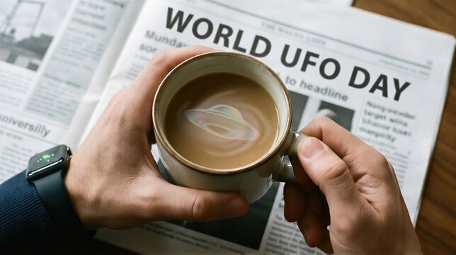 Man holding a coffee mug with a projected alien saucer reflection over a newspaper article about World UFO Day. Concept of extraterrestrial mystery and morning news reading routine.
