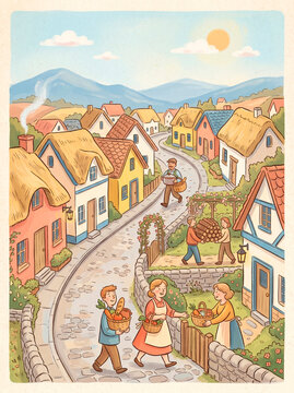 Colorful village street illustration with cheerful townspeople and mountain landscape in storybook style [copy space]