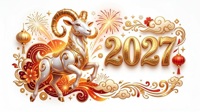 Golden goat symbol of 2027 year on traditional background. Chinese New Year greeting card design with firework and lantern decoration. Festive oriental ornament celebration concept