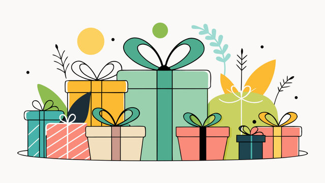 Illustration of multiple gift boxes in vibrant colors, each topped with a decorative bow, set against a simple background.eps