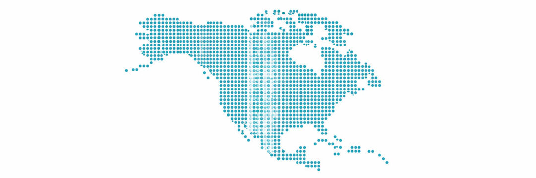 Halftone dotted map illustration of North America continent shape